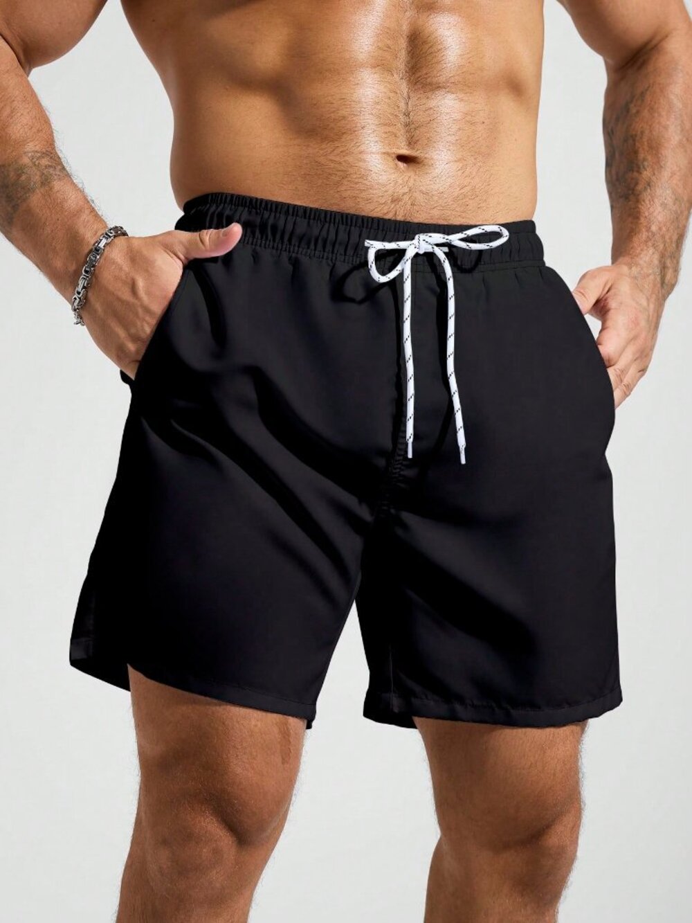 Black Sports Outdoor Men's Pocket Drawstring Waist Beach Shorts - Picture 4 of 5
